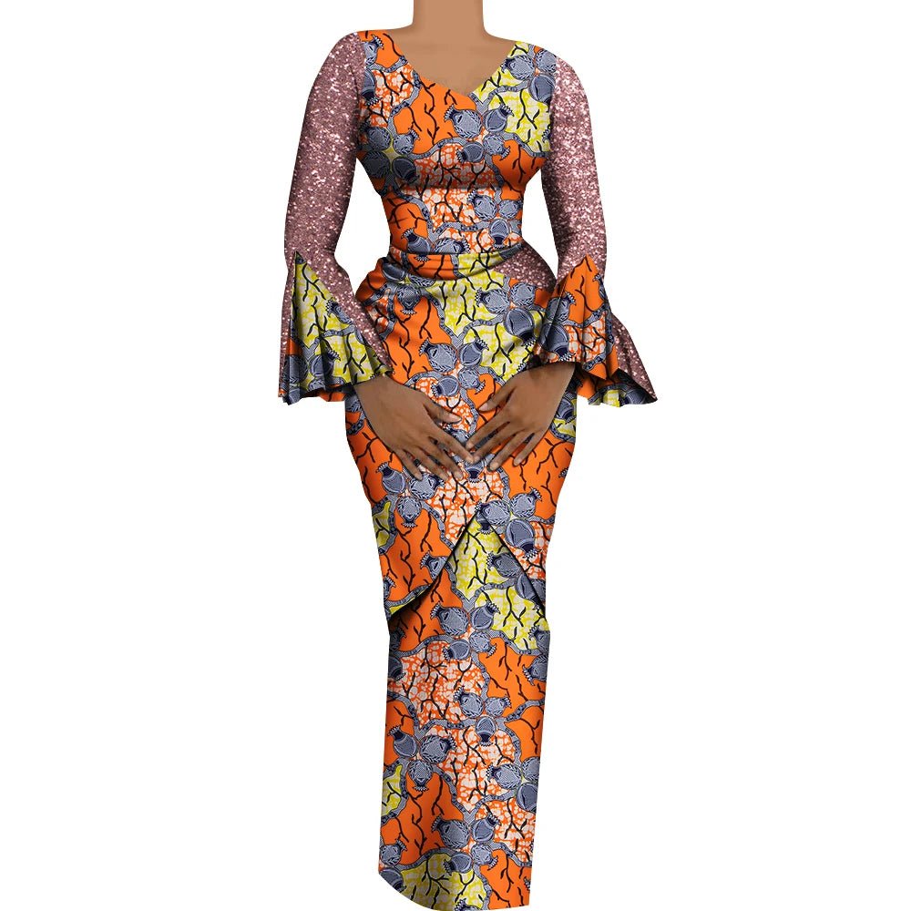 Women's African Outfits 2 Pieces Set Shiny Flare Sleeves V Neck Tops and Long Pencil Skirts African Clothes for Women