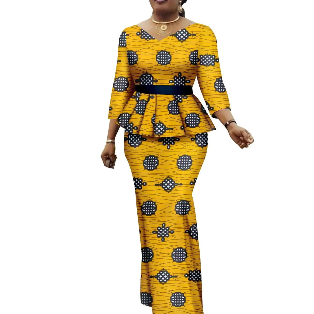 Women’s African Ankara 2PC Set Crop Top Maxi Skirt Belted Traditional Outfit - Free Delivery Worldwide only at Flexi Africa