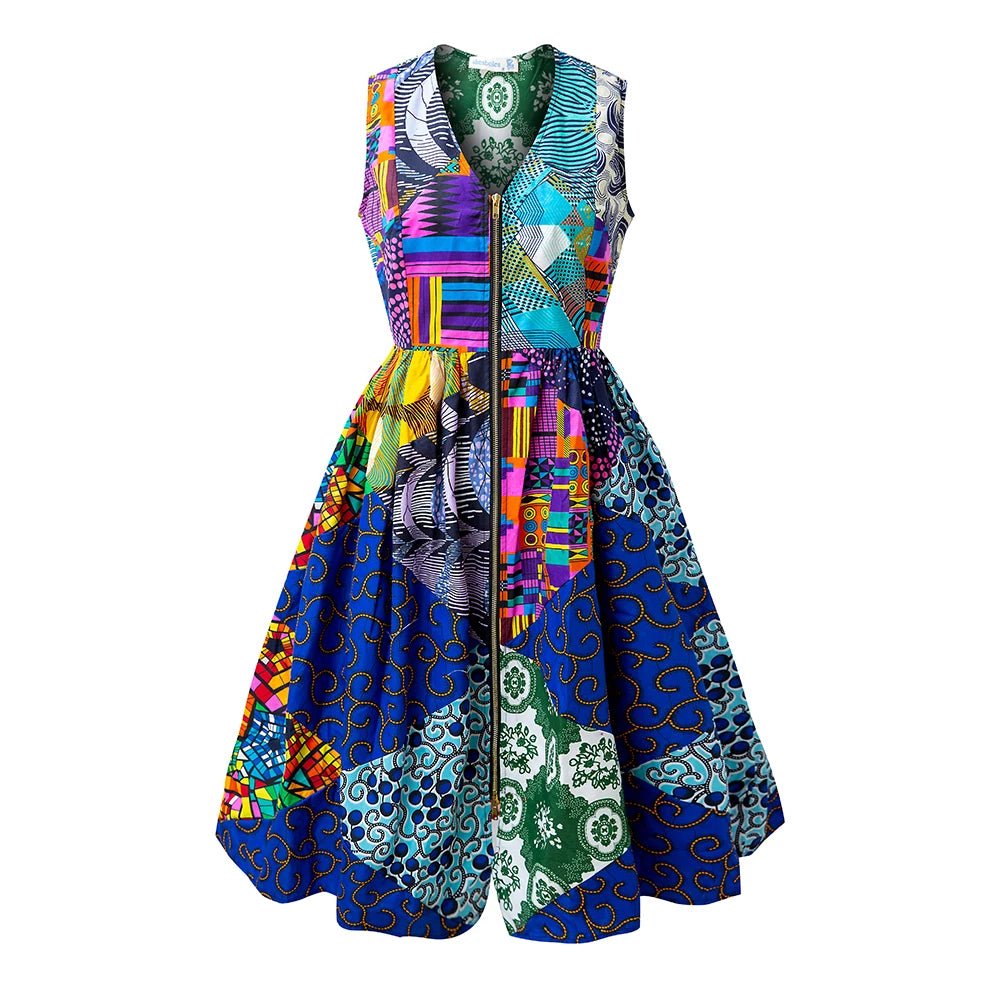 Women’s African Ankara Dress – V Neck Patchwork Print Knee Length Elegant Fashion Dress - Free Delivery Worldwide only at Flexi Africa