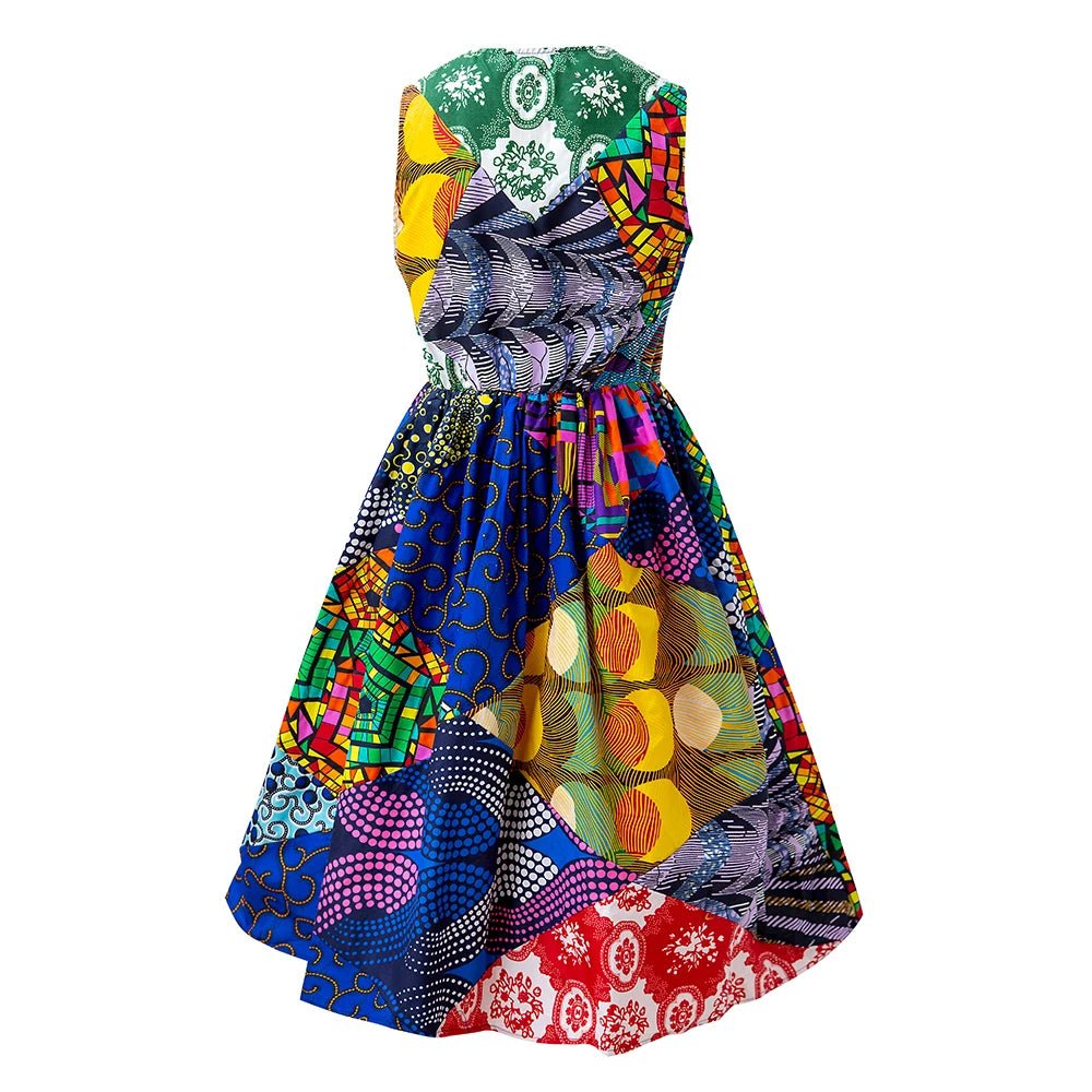 Women’s African Ankara Dress – V Neck Patchwork Print Knee Length Elegant Fashion Dress - Free Delivery Worldwide only at Flexi Africa