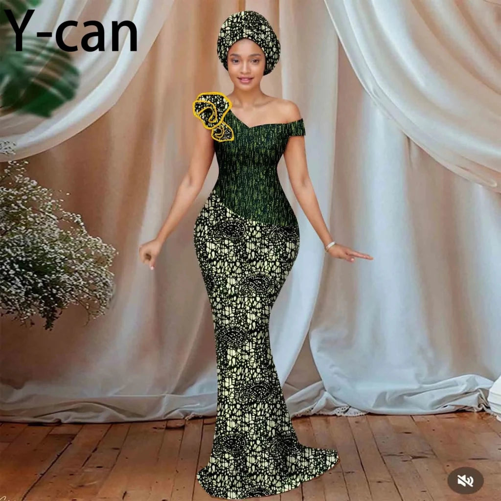 Buy Women’s African Ankara Floral Gown – One-Shoulder Sexy Dress with Matching Headscarf for only $77.22 at Flexi Africa!