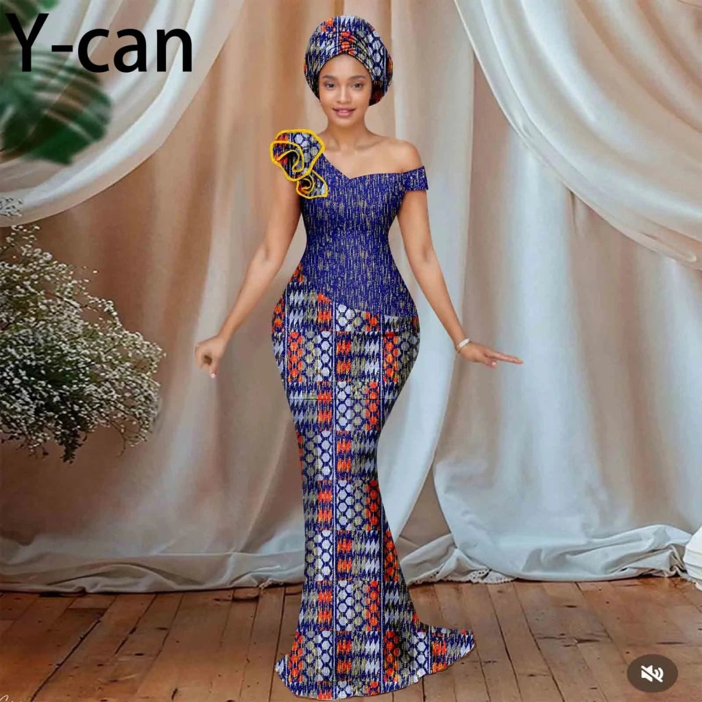 Buy Women’s African Ankara Floral Gown – One-Shoulder Sexy Dress with Matching Headscarf for only $77.22 at Flexi Africa!