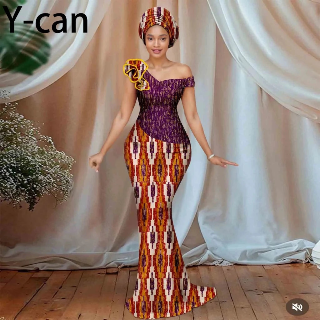 Buy Women’s African Ankara Floral Gown – One-Shoulder Sexy Dress with Matching Headscarf for only $77.22 at Flexi Africa!