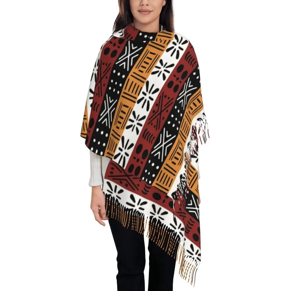 Women’s African Bogolan Tassel Shawl – Warm Tribal Art Scarf & Winter Wrap - Free Delivery Worldwide only at Flexi Africa
