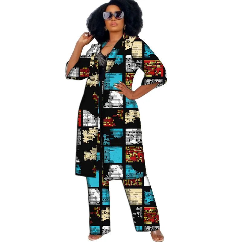 Women’s African Couture Trench Set – Collarless 3/4 Sleeve Print Windbreaker Cardigan with Pants - Free Delivery Worldwide only at Flexi Africa
