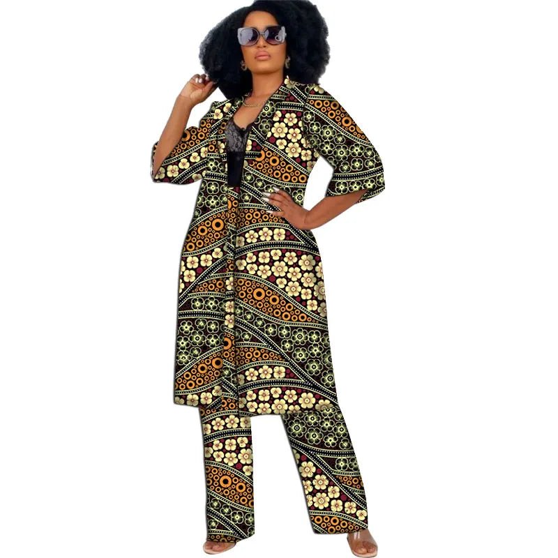 Women’s African Couture Trench Set – Collarless 3/4 Sleeve Print Windbreaker Cardigan with Pants - Free Delivery Worldwide only at Flexi Africa
