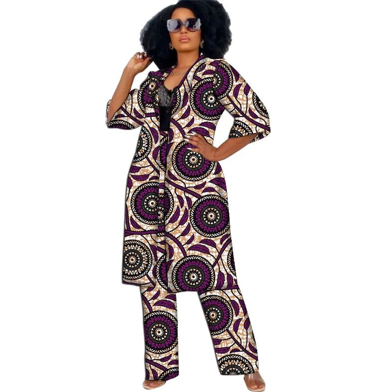 Women’s African Couture Trench Set – Collarless 3/4 Sleeve Print Windbreaker Cardigan with Pants - Free Delivery Worldwide only at Flexi Africa