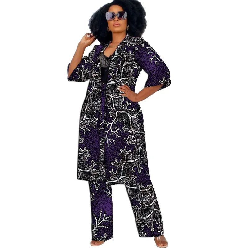 Women’s African Couture Trench Set – Collarless 3/4 Sleeve Print Windbreaker Cardigan with Pants - Free Delivery Worldwide only at Flexi Africa