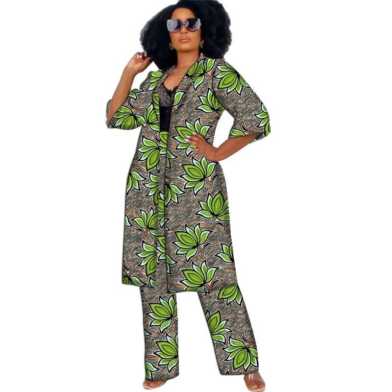 Women’s African Couture Trench Set – Collarless 3/4 Sleeve Print Windbreaker Cardigan with Pants - Free Delivery Worldwide only at Flexi Africa