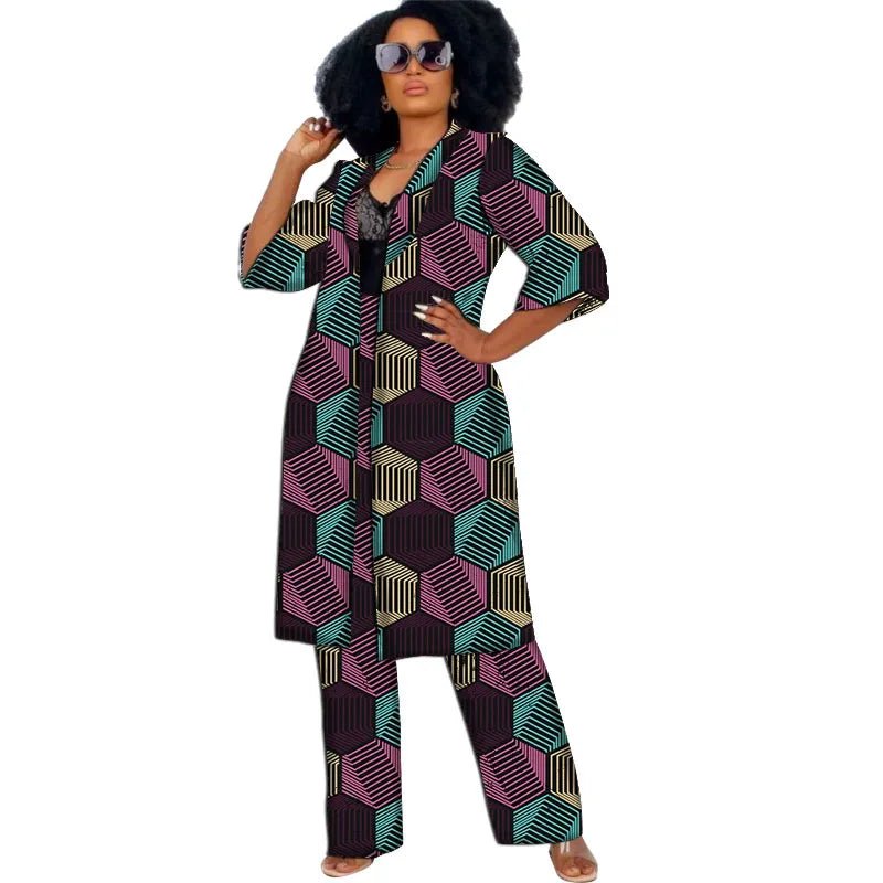 Women’s African Couture Trench Set – Collarless 3/4 Sleeve Print Windbreaker Cardigan with Pants - Free Delivery Worldwide only at Flexi Africa