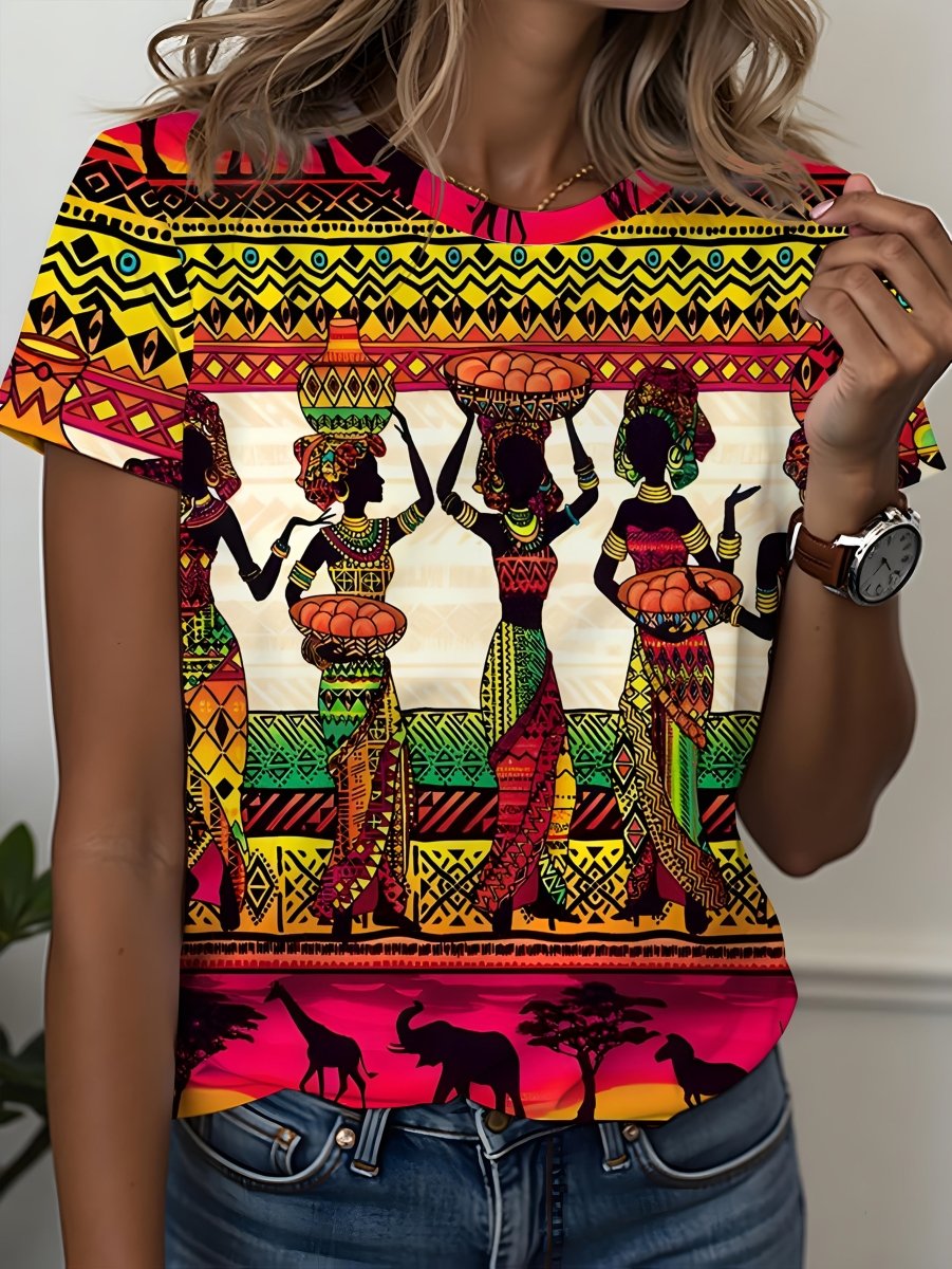 Women's African Tribal Print T-Shirt - Short Sleeve Crew Neck Top with Vibrant Geometric Patterns, 100% Polyester