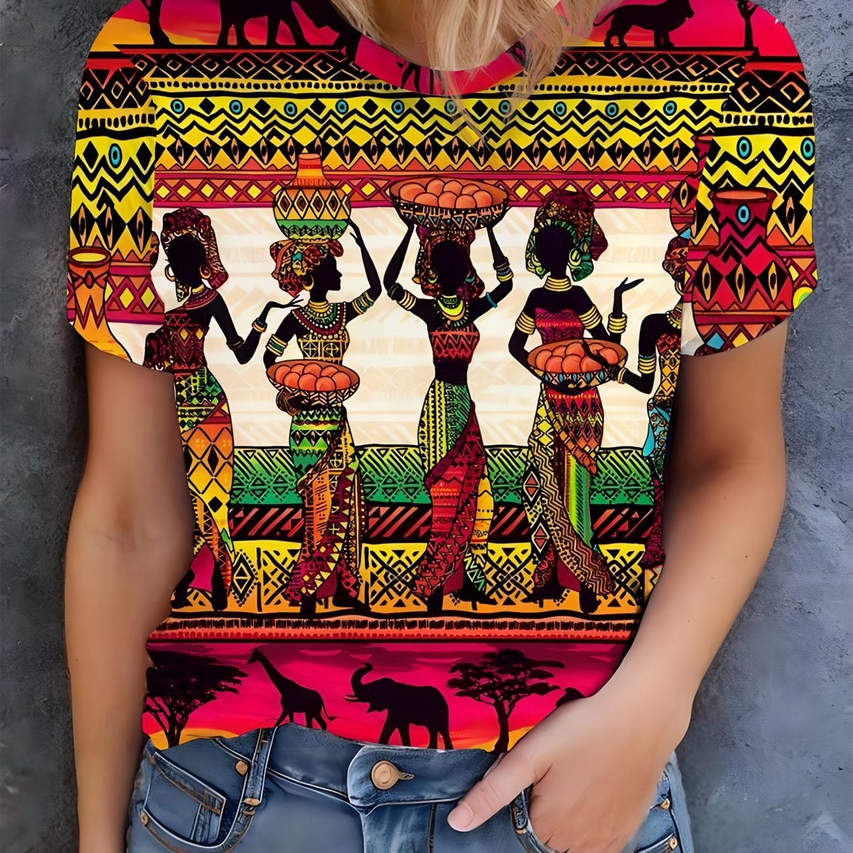 Women's African Tribal Print T-Shirt - Short Sleeve Crew Neck Top with Vibrant Geometric Patterns, 100% Polyester