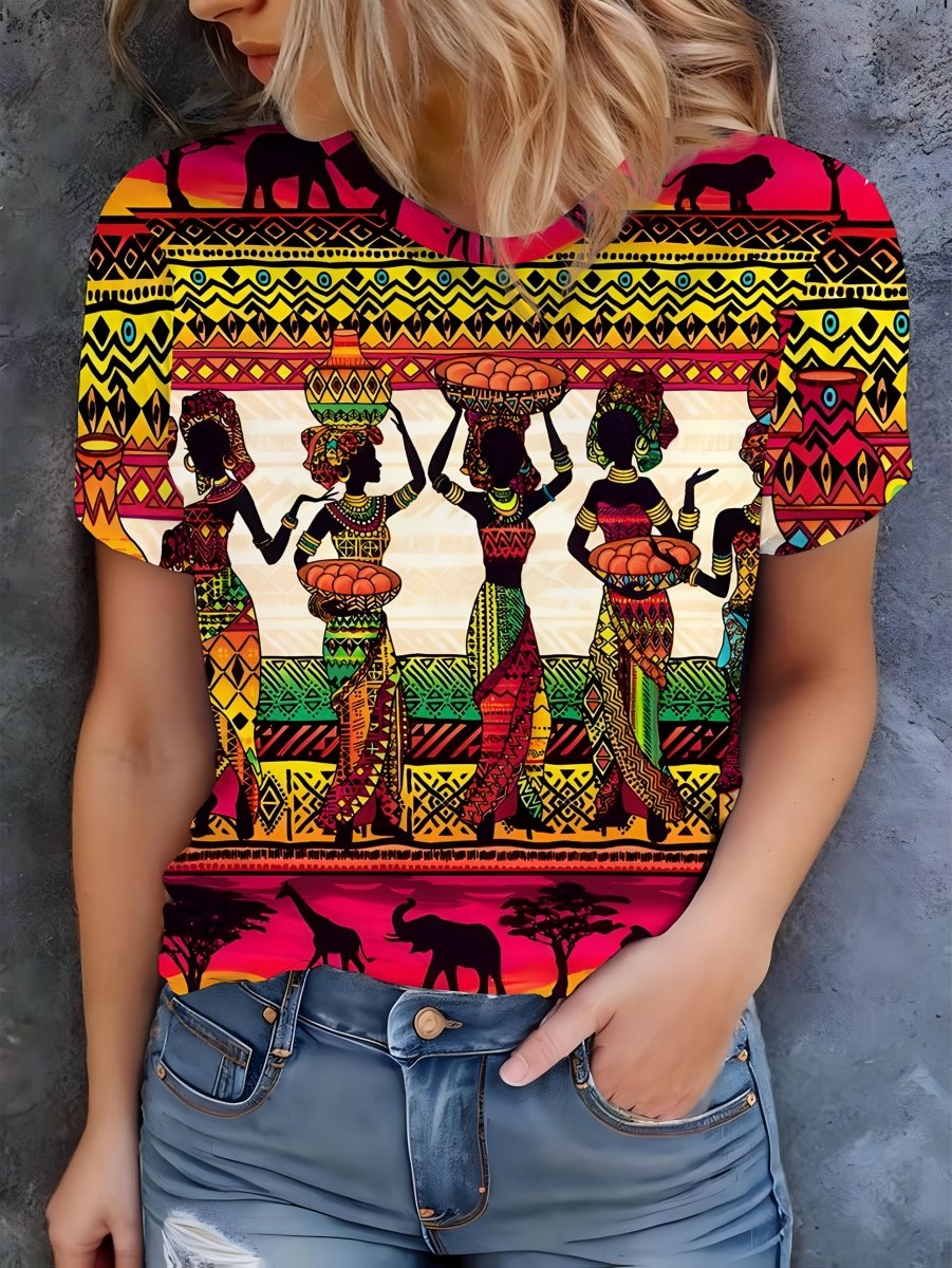 Women's African Tribal Print T-Shirt - Short Sleeve Crew Neck Top with Vibrant Geometric Patterns, 100% Polyester