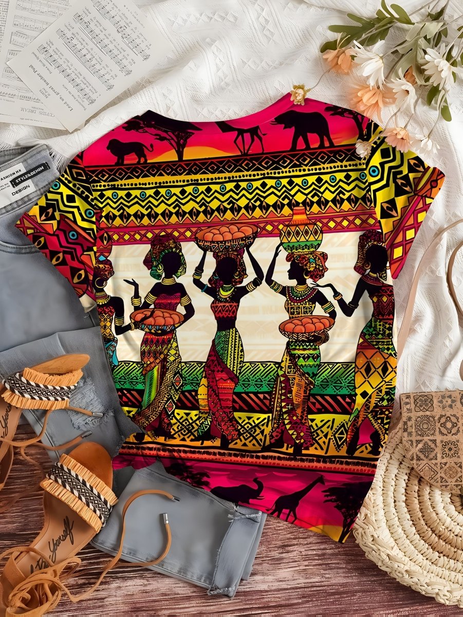 Women's African Tribal Print T-Shirt - Short Sleeve Crew Neck Top with Vibrant Geometric Patterns, 100% Polyester