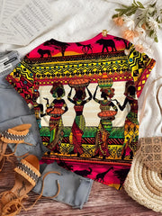 Women's African Tribal Print T-Shirt - Short Sleeve Crew Neck Top with Vibrant Geometric Patterns, 100% Polyester