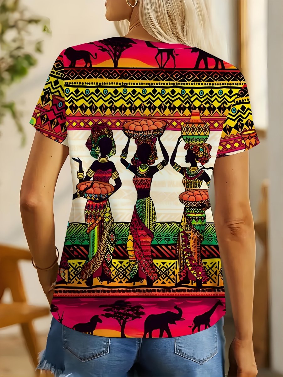 Women's African Tribal Print T-Shirt - Short Sleeve Crew Neck Top with Vibrant Geometric Patterns, 100% Polyester