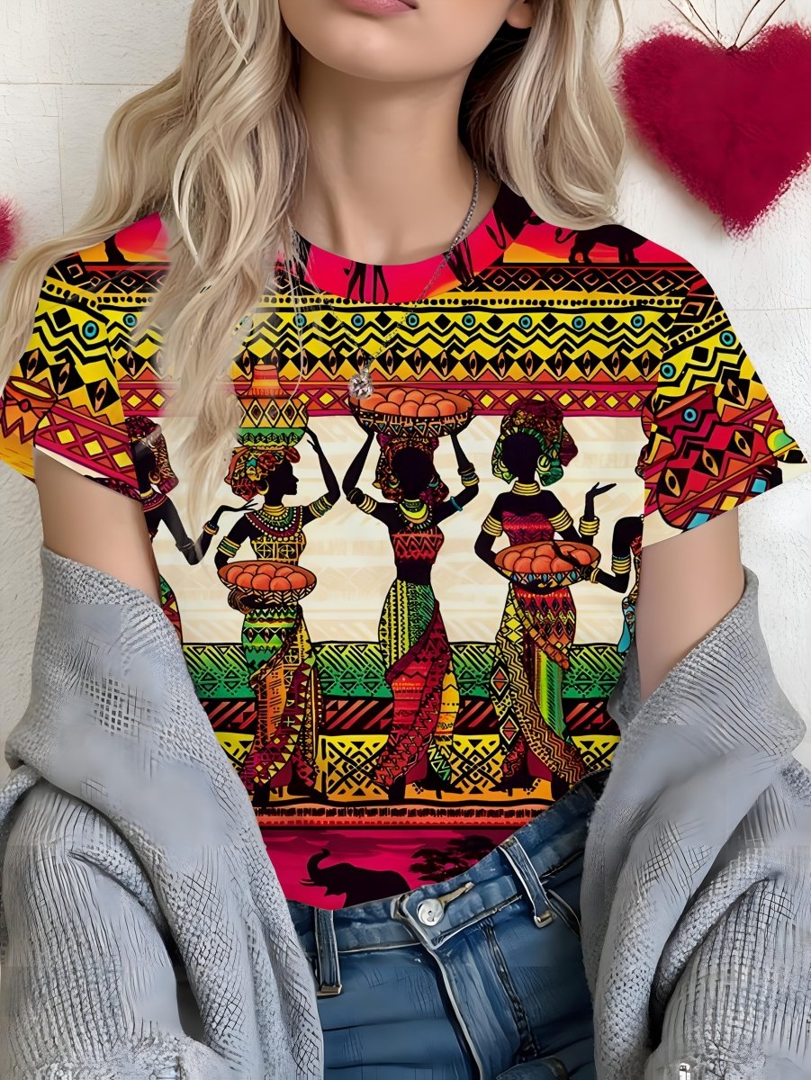 Women's African Tribal Print T-Shirt - Short Sleeve Crew Neck Top with Vibrant Geometric Patterns, 100% Polyester
