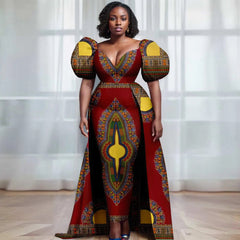 Women’s Ankara V - Neck Dress – Bubble Sleeve African Print with Layered Back Hem - Free Delivery Worldwide only at Flexi Africa