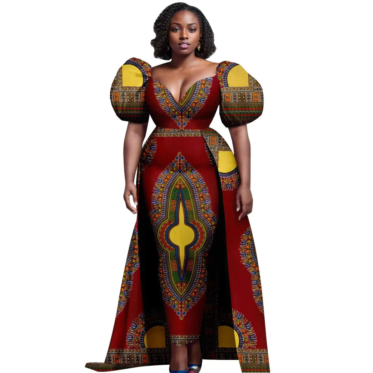 Women’s Ankara V - Neck Dress – Bubble Sleeve African Print with Layered Back Hem - Free Delivery Worldwide only at Flexi Africa
