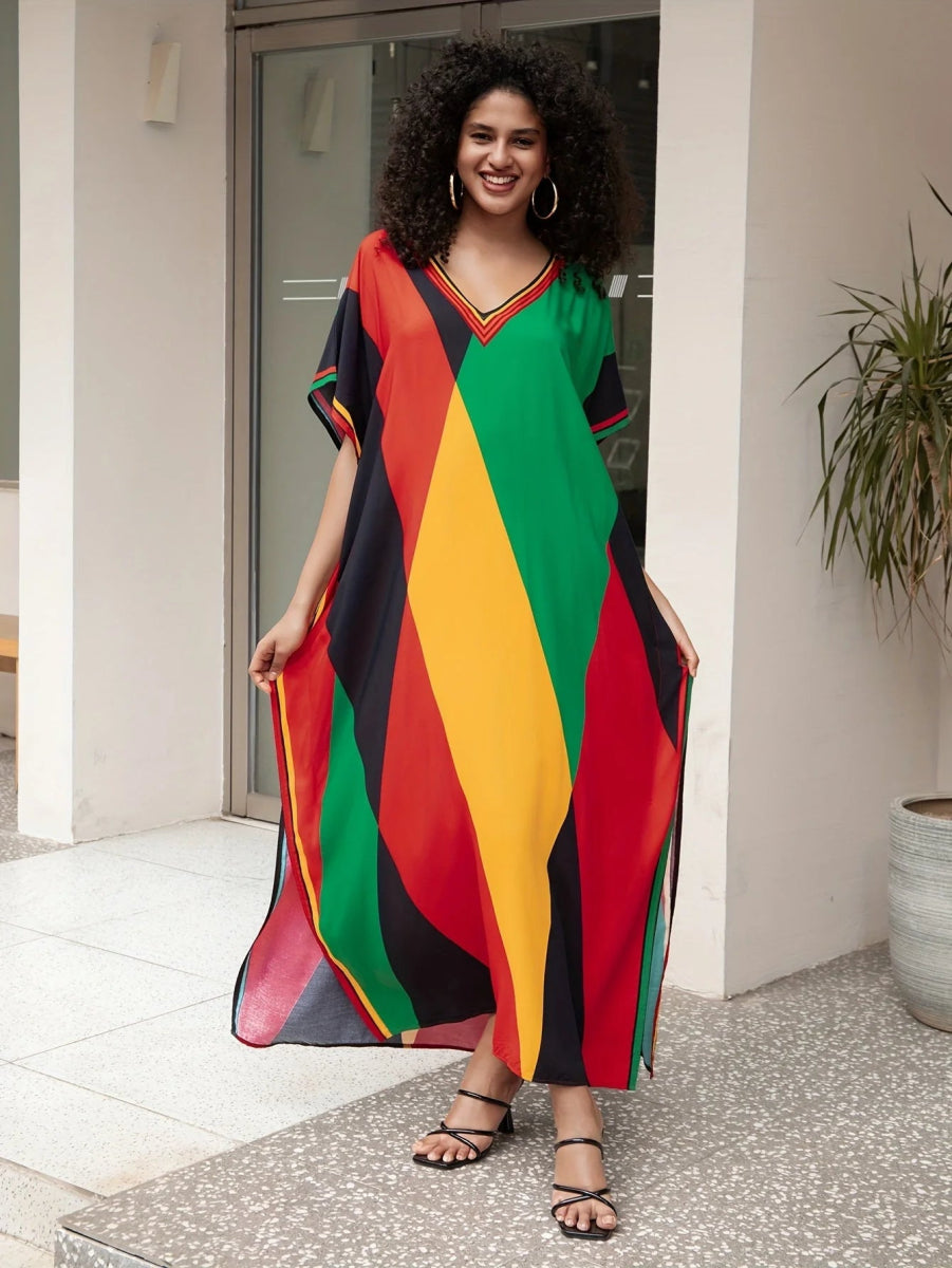 Women's Boho Style Cover Up, Plus Size V Neck Contrast Color Loose Fit Vacay Beach Kaftan Dress - Free Delivery Worldwide only at Flexi Africa