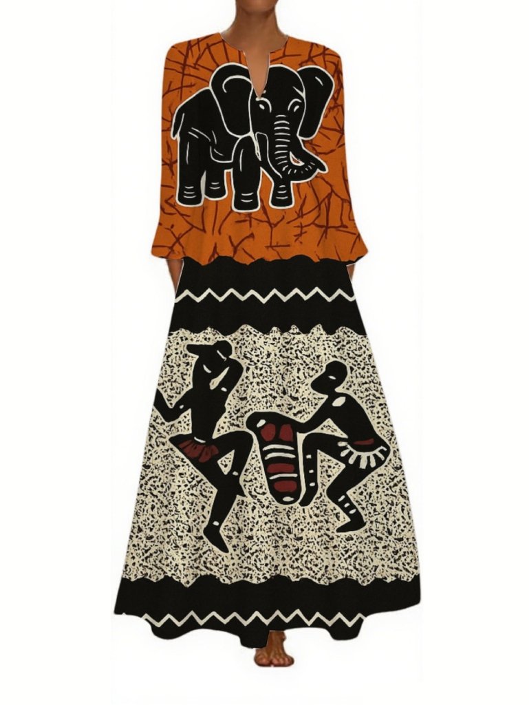 Women’s Long Sleeve V - Neck African Maxi Dress – Elegant Party & Everyday Wear - Free Delivery Worldwide only at Flexi Africa