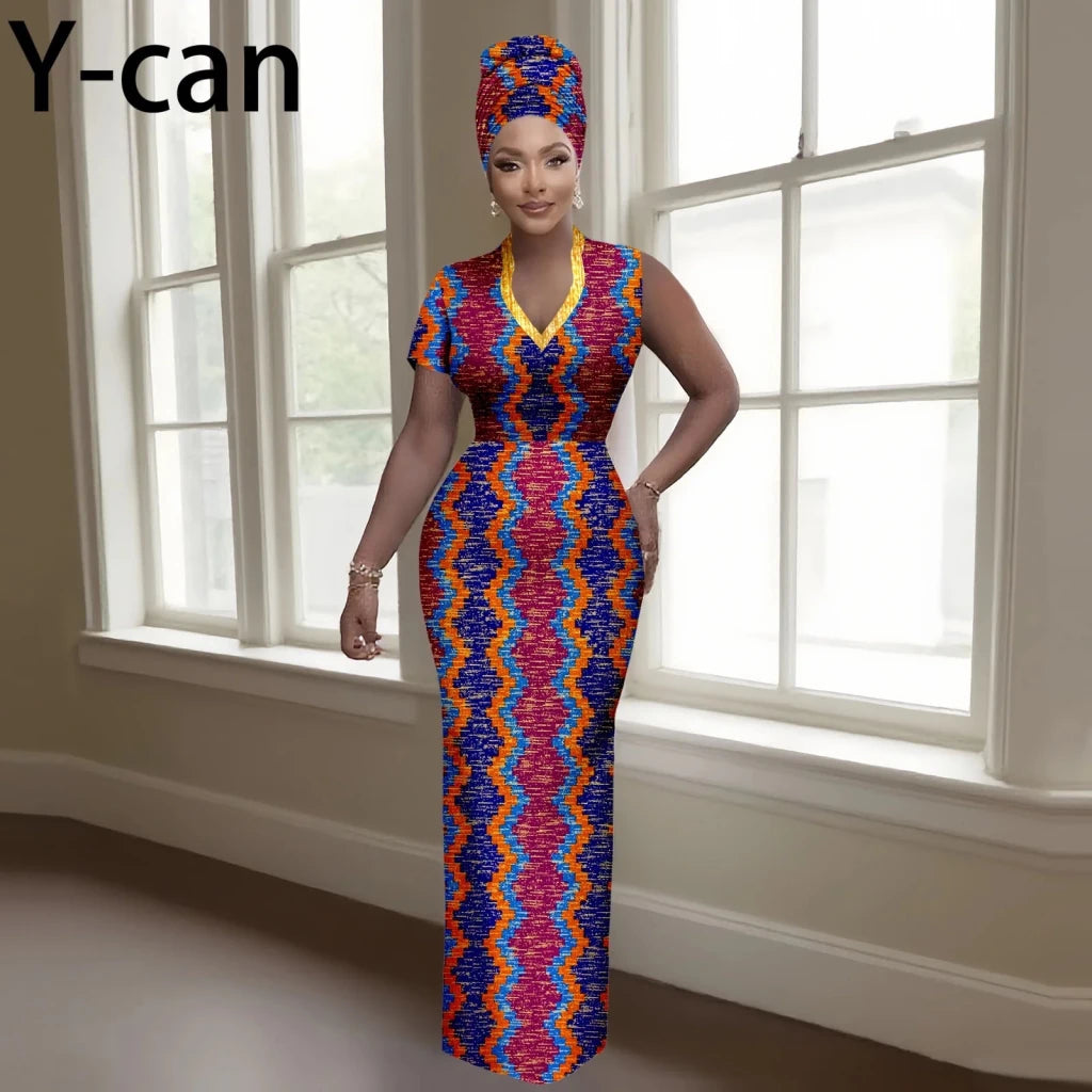 Women’s Luxury Dashiki Ankara Maxi Dress with Headwrap - Free Delivery Worldwide only at Flexi Africa